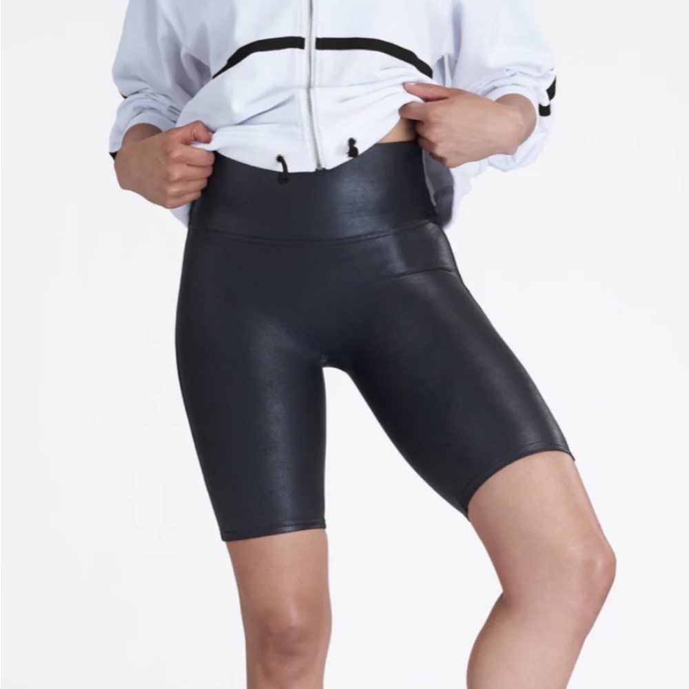 SPANX Faux Leather Black Bike Shorts High-Waisted Tummy Control